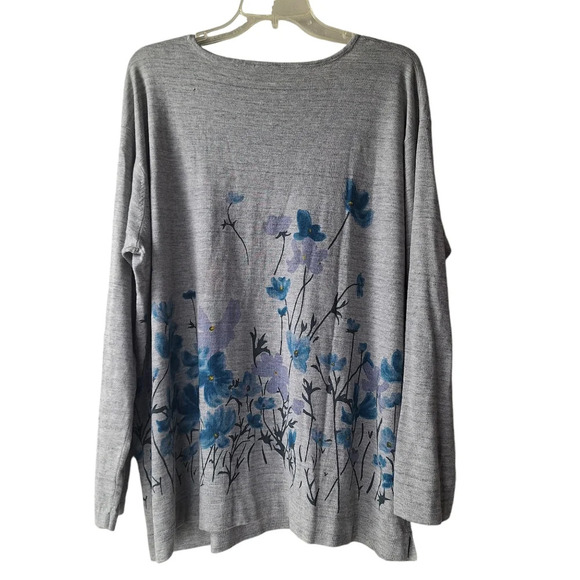 J. Jill XL Gray Grey Cotton Blend Blue Floral Pullover Scoop-Neck Sweater - Picture 2 of 14
